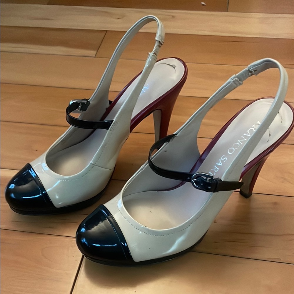 Franco Sarto tri-color patent leather sling back heels with buckle detail